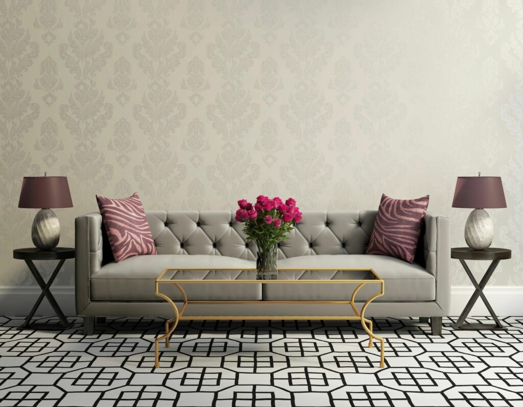 Elegant living room with a tufted sofa and fresh flowers.